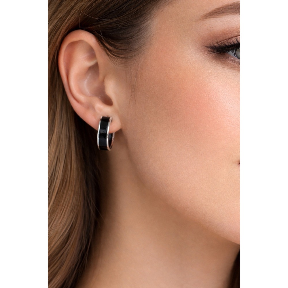 Unbranded Hoop Earrings Women OS Black Silver Excellent Enamel Latch‎ Back Small